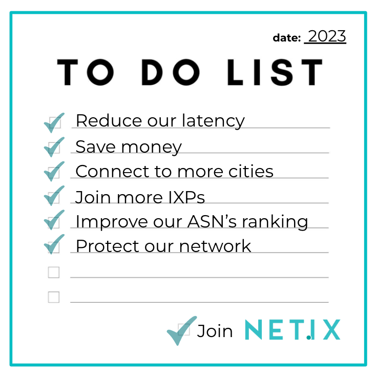 NetIXnet's tweet photo. 3/4 Does your to do list look like this? #NetIX can help you achieve all your 2023 network-related goals:
✅ Over 60% of the worlds biggest 25 #ISPs are NetIX members (don't get left out!)
contact@netix.net #telecoms #telecom #telecommunications #internet #internetexchangepoint https://t.co/RaoEBlQQ6U