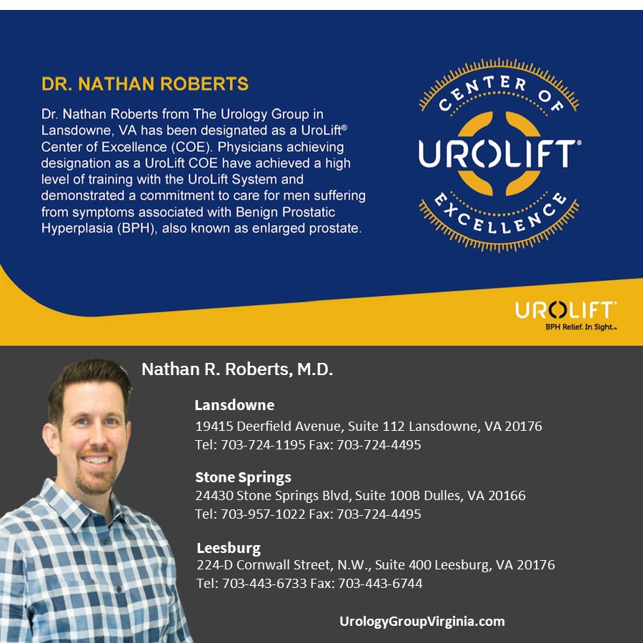 docsLMG's tweet photo. @lmgdoctors @loudounnow 
Please join us in congratulating Dr. Nathan Roberts on his designation as a UroLift® Center of Excellence.
Dr. Roberts cares for men suffering with symptoms associated with Benign Prostatic Hyperplasia (BPH) or enlarged prostate. https://t.co/XLNdMumVlV
