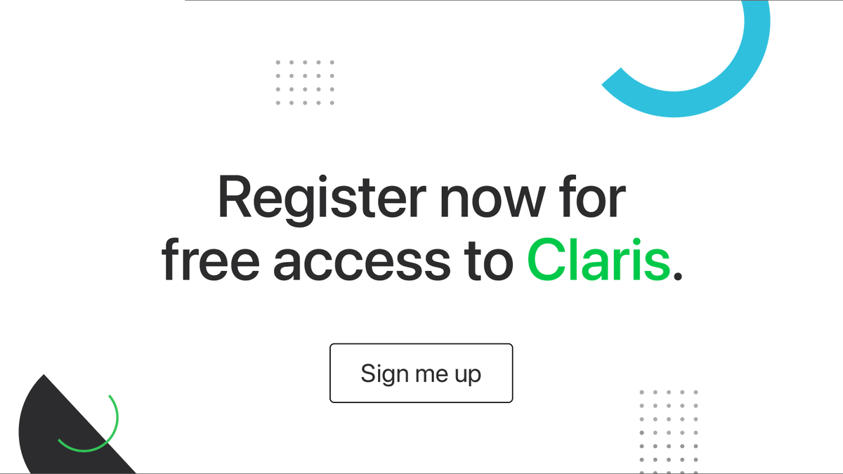 Free access to the #Claris platform lets you try out Claris Pro (the Claris FileMaker experience
you know and trust), Claris Connect, and Claris Studio. 👉 Sign up now, and we’ll inform you
when free access launches. content.claris.com/claris-free-si…