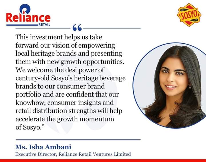 ParvezS45236896's tweet photo. Ms. Isha Ambani, Executive Director, Reliance Retail Ventures Limited on Reliance Consumer Products Limited's Joint Venture with 100 year old beverage maker Sosyo Hajoori Beverages Private Limited.

#sosyo
#hajoori
#ril
#Reliance https://t.co/lKDhT7QzDL