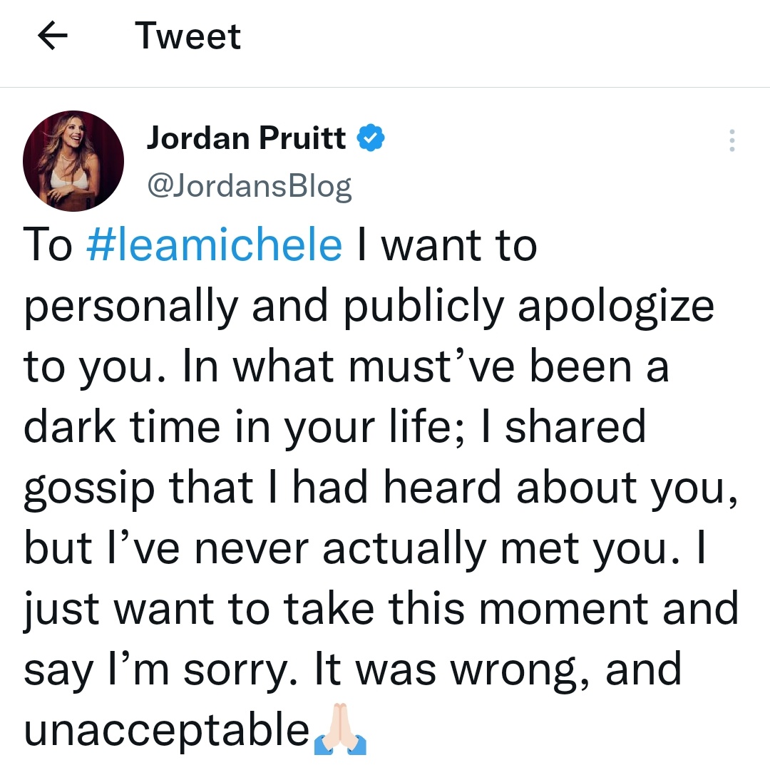 CentralGleeBr's tweet photo. A cantora Jordan Pruitt veio à público se desculpar por declarações que fez em 2020 sobre Lea Michele. Após dizer que Lea era uma "uma pessoa horrível", ela assume que na verdade nunca a conheceu pessoalmente. https://t.co/20OmEC4Udv