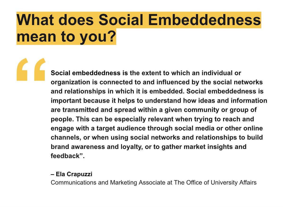 ASUEmbeddedness's tweet photo. What does social embeddedness mean to our student staff? Read below how Daniela Crapuzzi- Communications + Marketing Associate at The Office of University Affairs defines social embeddedness and what it looks like in her degree program. #ASUembeddedness @ASU @WPCareySchool https://t.co/1aCysFQFgA