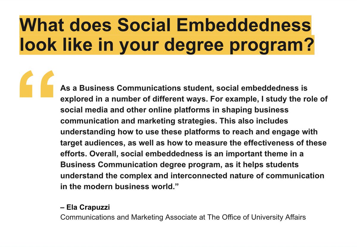 ASUEmbeddedness's tweet photo. What does social embeddedness mean to our student staff? Read below how Daniela Crapuzzi- Communications + Marketing Associate at The Office of University Affairs defines social embeddedness and what it looks like in her degree program. #ASUembeddedness @ASU @WPCareySchool https://t.co/1aCysFQFgA