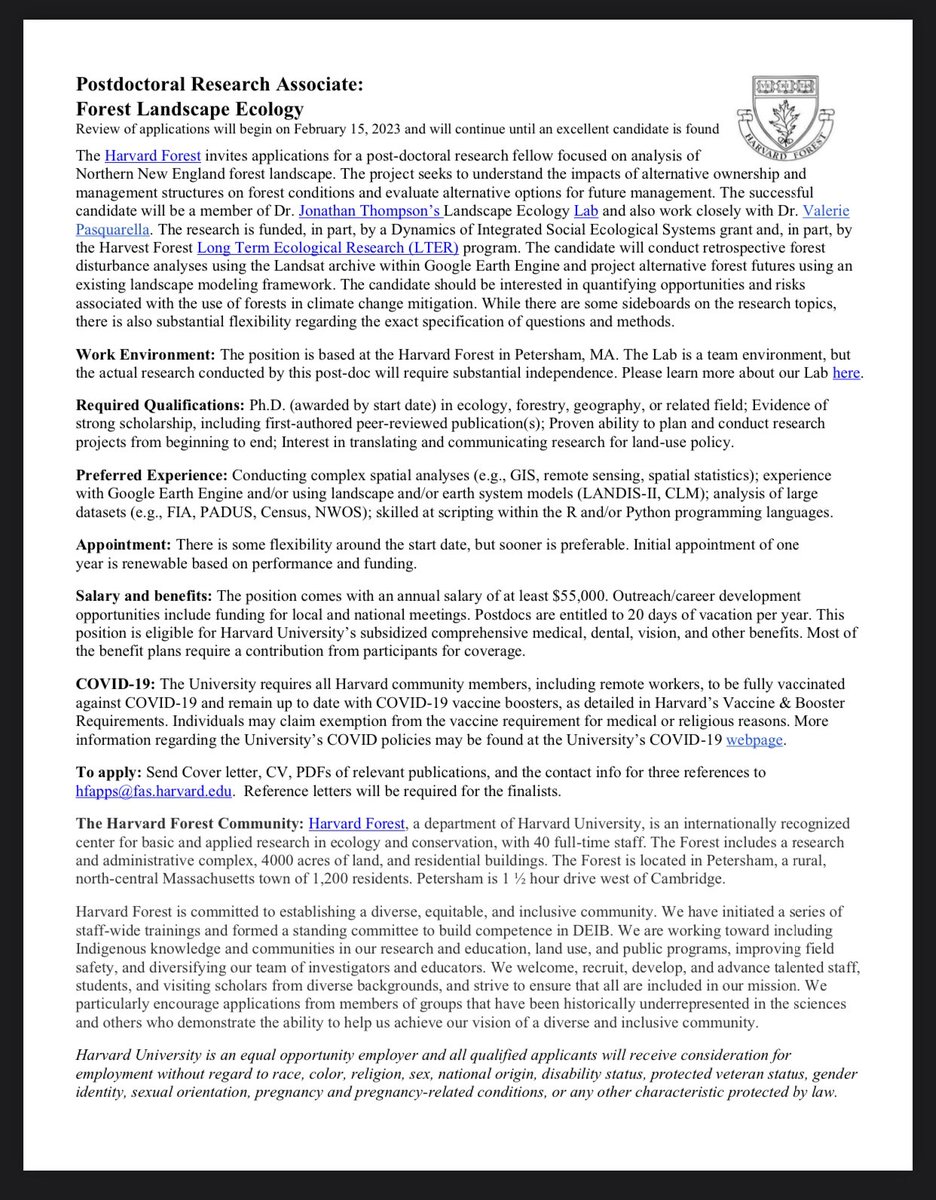 Valerie Pasquarella (@valpasq) on Twitter photo 📣 POSTDOC OPPORTUNITY 📣
Come work with us <a href="/HarvardForest/">Harvard Forest</a> using #remotesensing and landscape simulation modeling to understand the past, present and future of forest ownership and management in northern New England 🌲🛰️🔮
ℹ️ bit.ly/3X33W47
#EOchat <a href="/NSF/">U.S. National Science Foundation</a> <a href="/USLTER/">US LTER</a>
RT 🔁🙏🏻 📣 POSTDOC OPPORTUNITY 📣
Come work with us <a href="/HarvardForest/">Harvard Forest</a> using #remotesensing and landscape simulation modeling to understand the past, present and future of forest ownership and management in northern New England 🌲🛰️🔮
ℹ️ bit.ly/3X33W47
#EOchat <a href="/NSF/">U.S. National Science Foundation</a> <a href="/USLTER/">US LTER</a>
RT 🔁🙏🏻