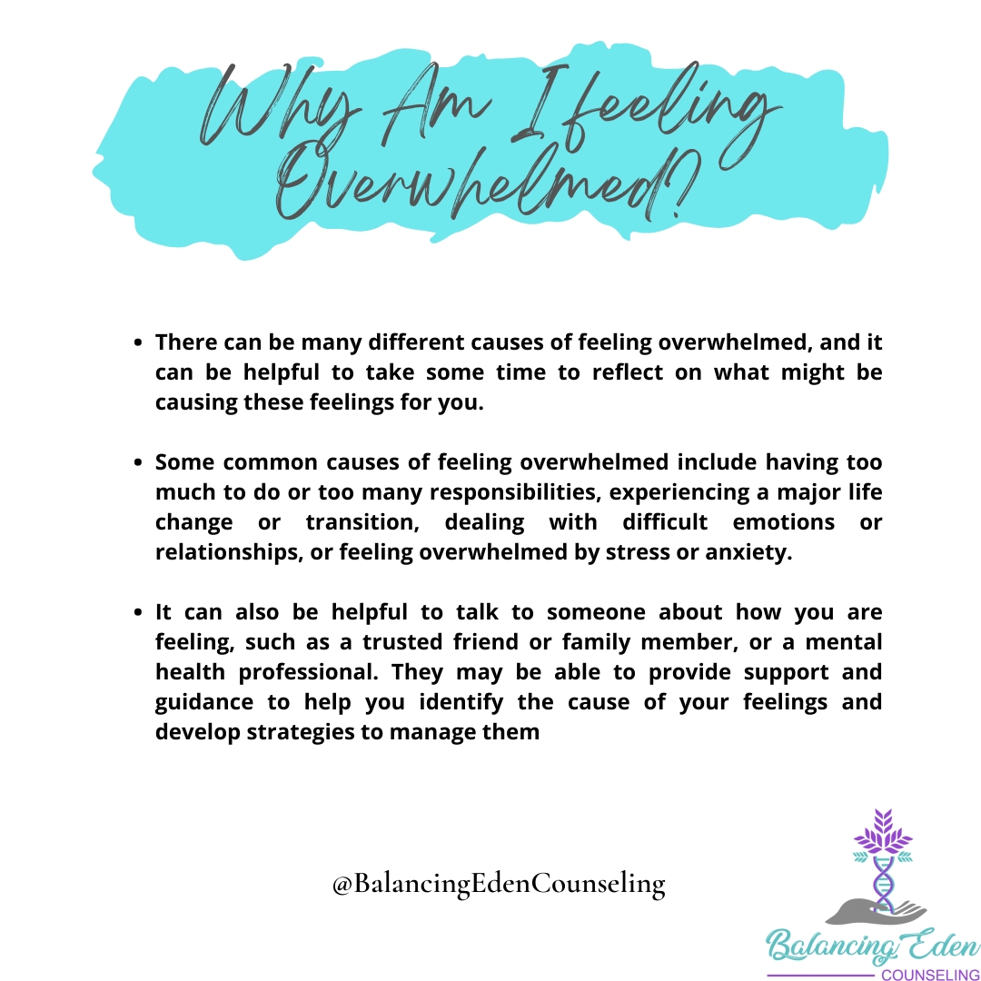 BalancingEden's tweet image. Feeling Overwhelmed? balancingedencounseling #support #balance# #mentalhealth #destress #anxiety #depression #selfcare #teletherapy #counseling #mind #body #soul
