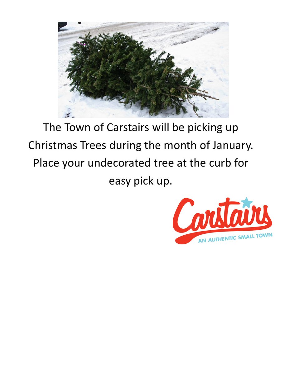Starting January 4, 2023 the Town Operations crew will be picking up Christmas trees. Put your tree on the curb for easy pick up. All decorations must be removed.