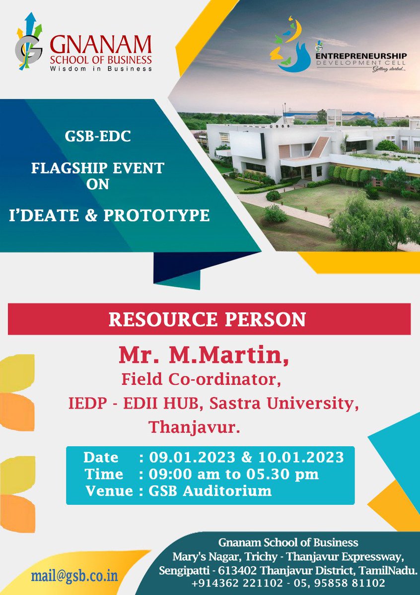 Gnanambschool's tweet photo. GSB-EDC Organises Flagship Event on I'DEATE &amp; PROTOTYPE. Mr.M.Martin, Alumni of GSB &amp; Field Co-ordinator, IEDP-EDH HUB, Sastar University, Thanjavur on 9.1.2023 and 10.1.2023 at GSB Auditorium #GSBUNITE https://t.co/ZhxIL6ouuH