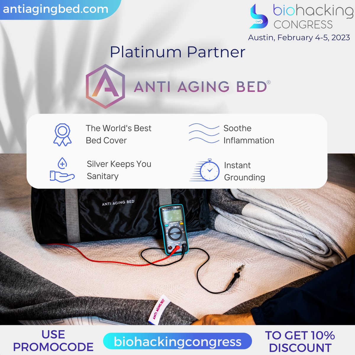 BiohackCongress's tweet photo. Anti Aging Bed @antiagingbed is a Platinum Partner at the upcoming #BiohackingCongress in #Austin on February 4-5th, 2023💜

🔥 Hurry up and Get your Ticket "General” and “VIP”  with 60% OFF by promo code ATX60:
https://t.co/o1gNZtEWTS https://t.co/cCoKteIxPx