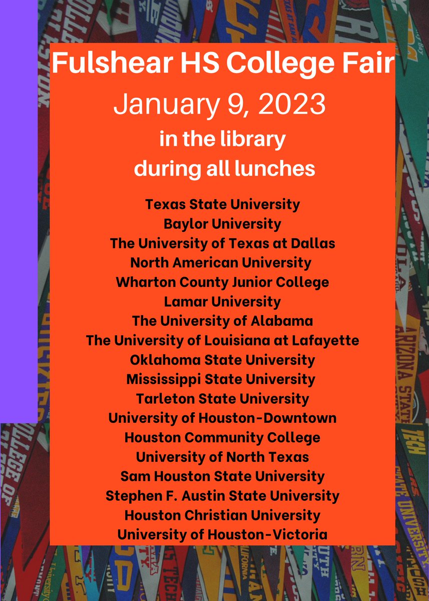 So excited to see our students tomorrow!  Mark your calendars for January 9th🗓️.  We will have a college fair in the library during all lunches.  Check out the colleges that will be visiting us! <a href="/Fulshear_HS/">Fulshear High School</a> #ChargedUpCCMR