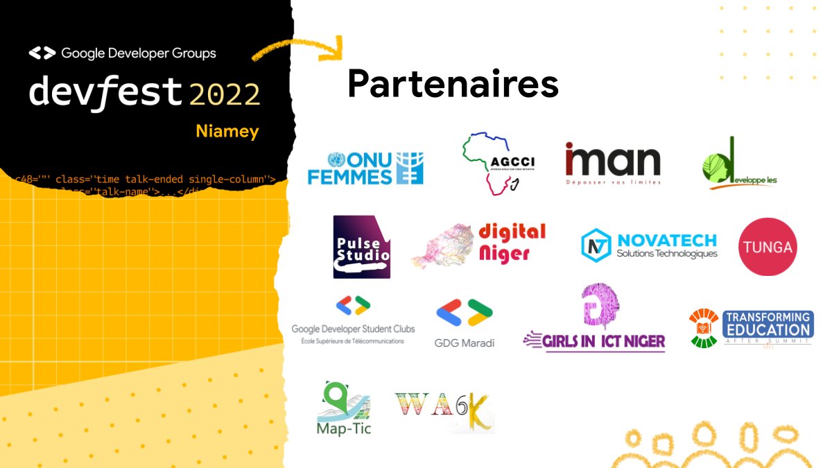 A tous ceux qui nous ont accompagné, soutenu, conseillé, assisté et grâce à qui le #DevfestNiamey a eu lieu, nous vous disons merci🙏.

<a href="/AgenceIman/">Agence Iman</a> <a href="/PulseStudio227/">Pulse Studio</a> <a href="/NigerDigitWeek/">Niger Digital Week</a> <a href="/NovatechNiger/">NOVATECH</a> <a href="/tunga_io/">Tunga.io</a>  <a href="/GdscEst/">GDSC -ESCEP</a> <a href="/gdgmaradi/">GDG Maradi</a> <a href="/GirlsinICTNiger/">Girls in ICT Niger🇳🇪</a> <a href="/MapTicNiger/">MapTic</a> <a href="/Le_magazinewa6k/">wassika</a>