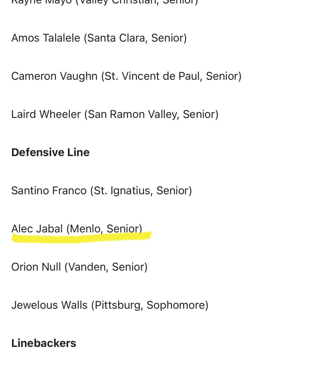 alec_jabal's tweet photo. Super excited to have been named West Coast All-Bay Area Second Team! 🏈@kindboml @CoachJVaughan @Coach_JoeMcD @CoachMikeHillSF @CoachRiede https://t.co/TCblTSigJu