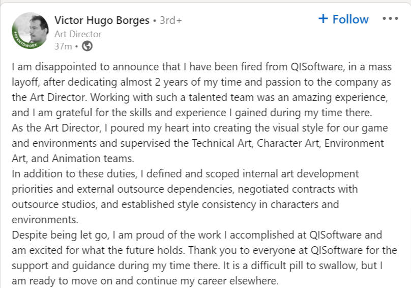 BigfryTV's tweet image. Reports coming in that there were mass layoffs at Quantum Integrity, developers of Dead Matter.

Looks like their Head of Studio left in December 2022 (Also worked at NWI for a stint)

Here is the word from the Art Director from their LinkedIn.

You hate to see it...