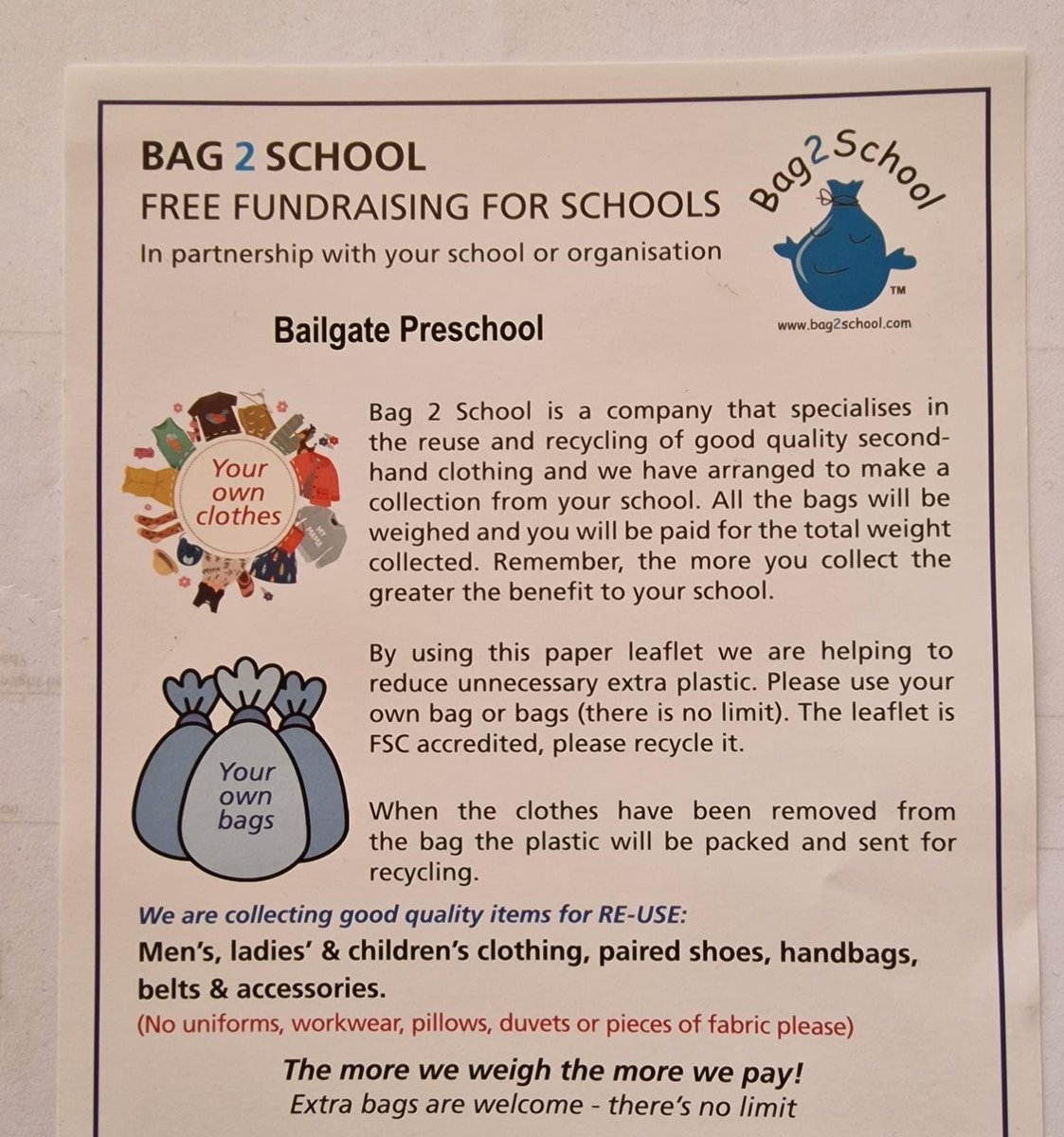 BailPreschool's tweet photo. We extended our collection day for bags2school!

If you're having a clear out after Christmas why not donate your items to preschool - they're recycled and we raise money for our little Bailgate Bee's 🐝 

#bailgatepreschool #lincolnuk #bailgatebees #bags2school https://t.co/a9A4lek4l9