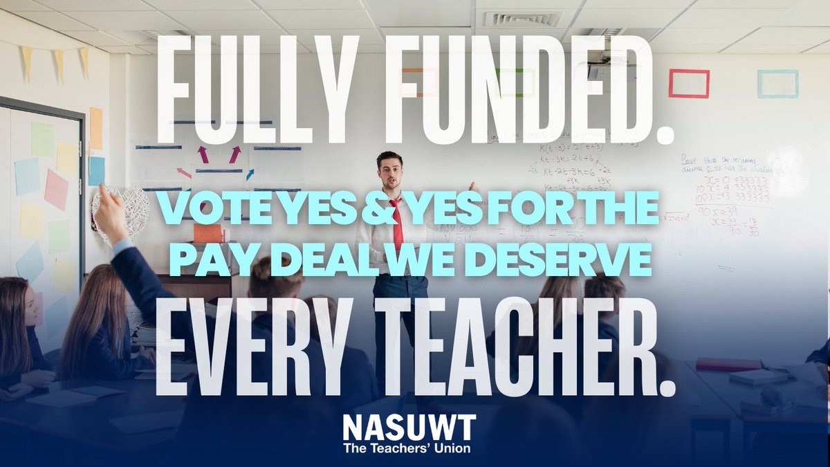 NASUWT's tweet photo. ⚠️ Time is running out before ballots close.  

Here's why your vote matters 👇

The Govt’s pay offer:
❌ Not funded
❌ Not guaranteed for every teacher
❌ Not enough

Voting YES for a #BetterDealForTeachers:
✅ Fully funded 
✅ Awarded to every teacher
✅ Real-terms pay increase https://t.co/4EJaH61kFQ