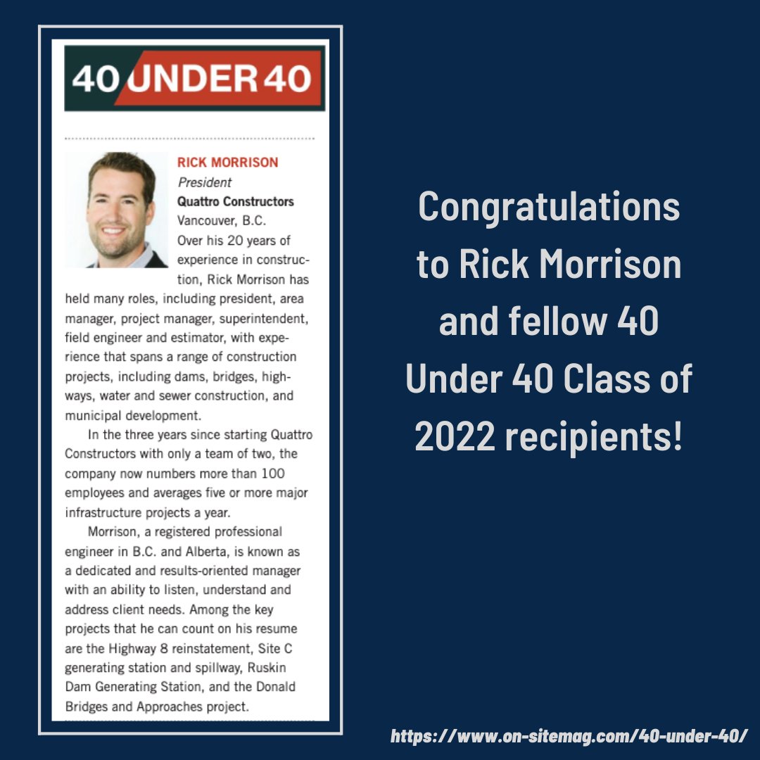 QConstructors's tweet photo. Congratulations to Rick Morrison, President of Quattro Constructors, for being awarded On-Site Magazine’s Top 40 Under 40 in Canadian Construction, Class of 2022! https://t.co/FDhQqKKMUa
