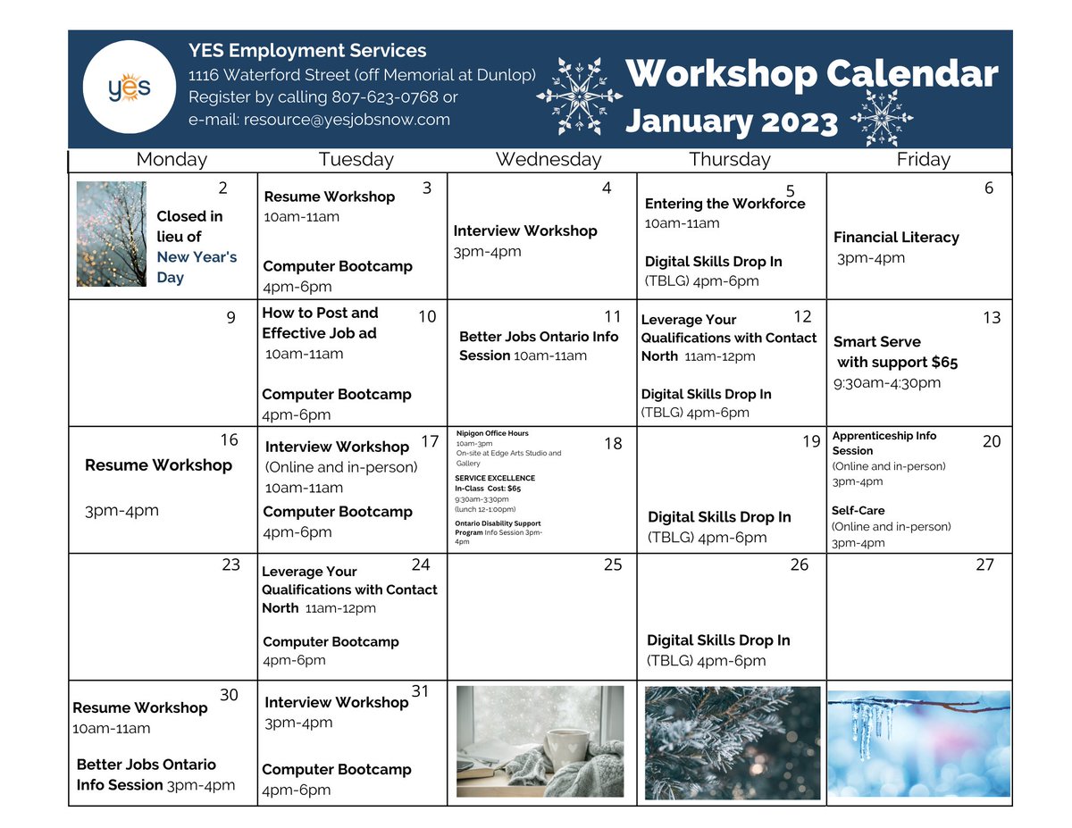 YESThunderBay's tweet photo. Whether you want to jump into January with both feet and hit the ground running, or ease into the new year by considering your options, our workshop calendar has something for you.  Sign up by calling 807-623-0768 or e-mail: resource@yesjobsnow.com.  #jobsearch #2023motivation https://t.co/yJySz1nkt1