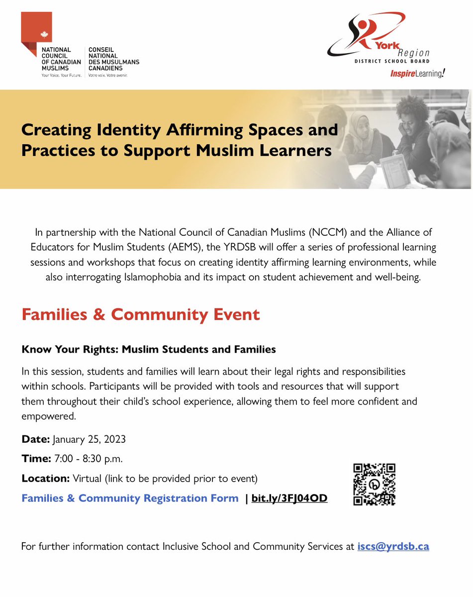 YRDSB is Committed to Supporting Muslim Students and Families - Register using the bitly or QR Code on the flyer <a href="/YRDSB/">York Region DSB</a> <a href="/LeadershipYRDSB/">Leadership Development & Engagement YRDSB</a>