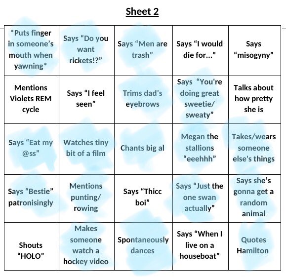 mrslordfarquad's tweet photo. IM SCREAMING THE WHOLE TIME IVE BEEN VISITING HOME MY FAMILY HAVE BEEN PLAYING ABI BINGO 😭😭 Fun bonus fact they tasked Seren with thinking of 20 “Abi”isms and she came back with 75 🙃 https://t.co/JJLEyrUn63
