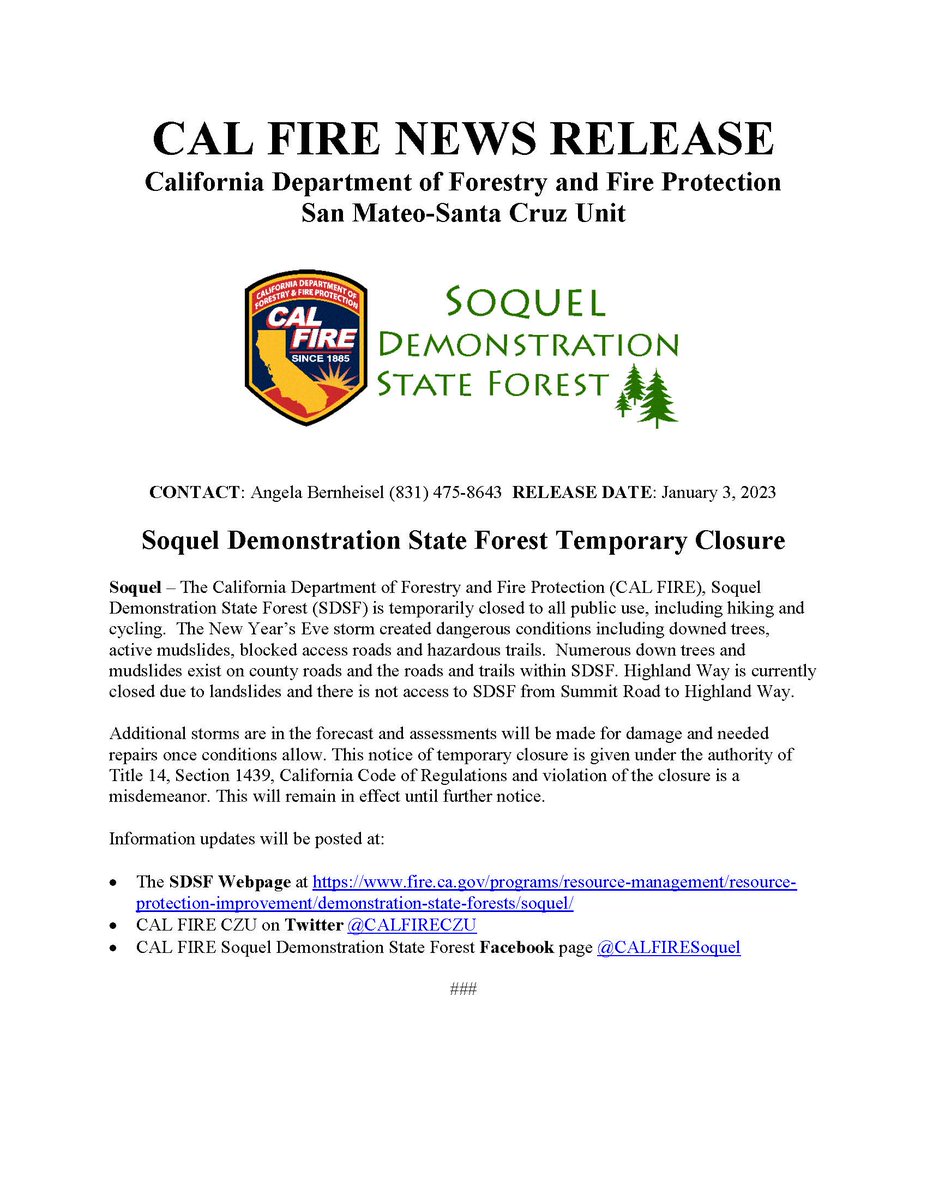 Soquel Demonstration State Forest Temporary Closure
See link for details➡️tinyurl.com/4mf6ymd5
#CaWx