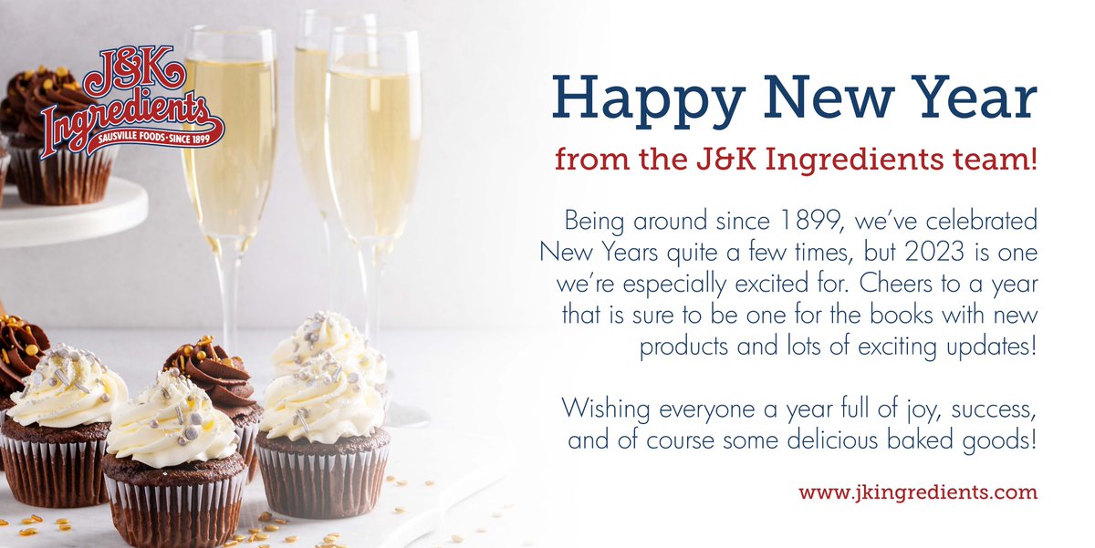 jkingredients's tweet photo. Wishing everyone a year full of joy, success, and of course some delicious baked goods! #FineAsCanBeProduced #NewYear #Happy2023 #Since1899 #Cheers https://t.co/MUkdOv2Ri8