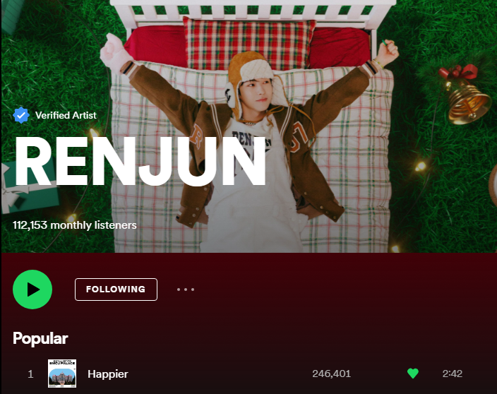 YoongJunnie's tweet photo. Happier 1st Week on Spotify
📝Streams
Dec 26 — 60,181
Dec 27 — 58,216
Dec 28 — 37,730
Dec 29 — 28,488
Dec 30 — 24,624
Dec 31 — 19,144
Jan 1 — 18,018
Total: 246,401🎵
📝Followers +3.7K
📝Monthly Listeners +79K
#HappierWithRENJUN
#RENJUN #런쥔 #仁俊 #ロンジュン #NCT런쥔 https://t.co/gdzyHTBLRX