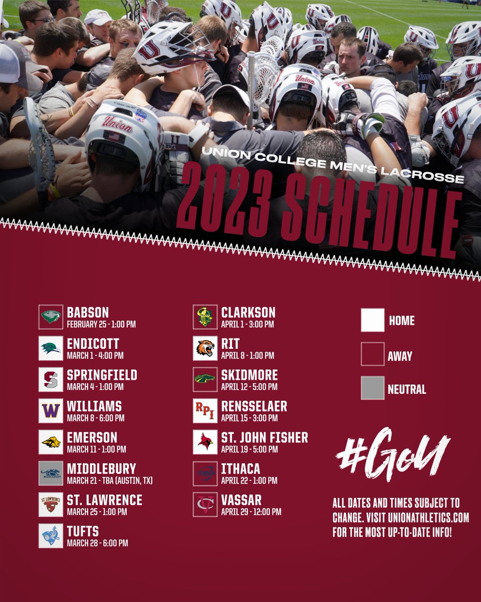 UnionMLAX's tweet photo. The calendar turning to 2023 means we are getting really close to lacrosse season!

Check out our 2023 schedule, which includes nine home dates, four games against 2022 NCAA Tournament teams, and a Spring Break trip to Texas!

https://t.co/0b1hzuUuZp

#GoU #d3lax https://t.co/3ZasjE77eO