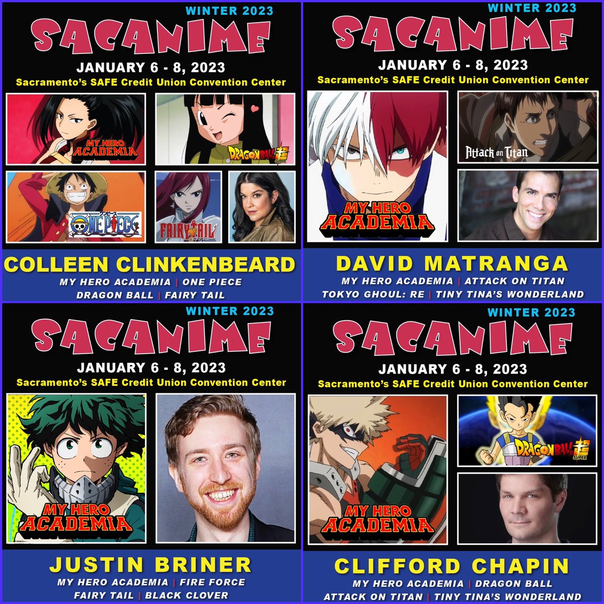 PTAppearances's tweet photo. .@SacAnime this weekend with @ccarrollbeard @DavidMatranga1 @justinbriner @CliffordChapin! Hope to see you there! #SacAnime #primetimeappearances https://t.co/UlzP7dOfTU