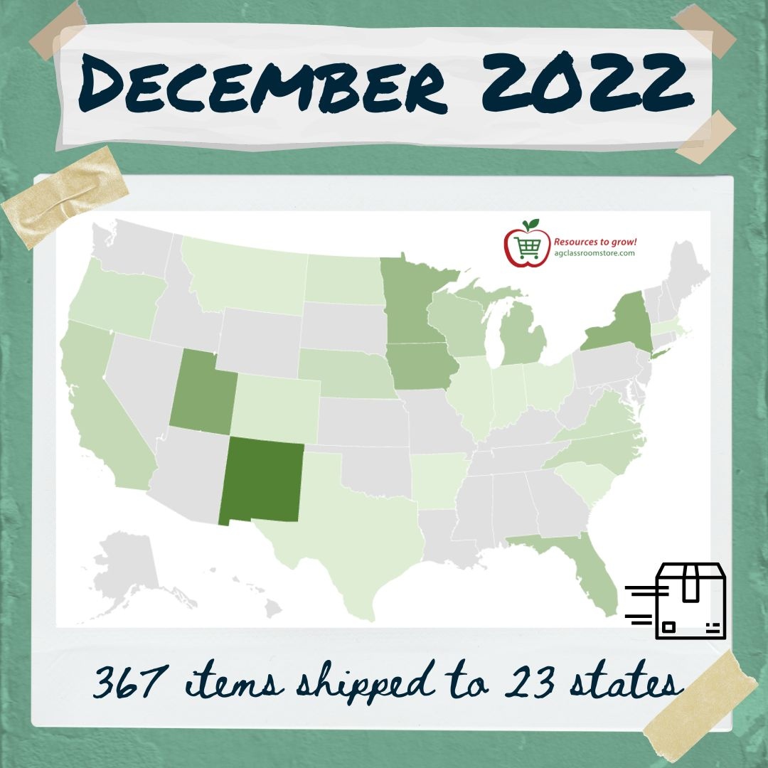 resourcestogrow's tweet photo. In December, we shipped 367 items to 23 states. 📦️⁠
⁠
#classroomreadykits #webringagtotheclassroom #agclassroomstore #resourcestogrow #agliteracy #elearning https://t.co/KHxEQoLi0H