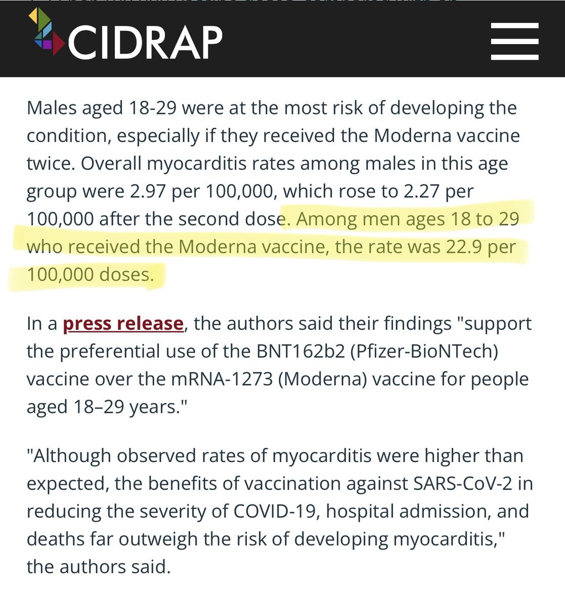 thevivafrei's tweet image. “Among men ages 18 to 29 who received the Moderna vaccine, the rate [of myocarditis] was 22.9 per 100,000 doses.”

Do you know what 100,000÷23 is? 4,347.

Myocarditis in men aged 18 to 29 who received Moderna is 1 in 4347.

Safe and effective.

cidrap.umn.edu/covid-19/myoca…