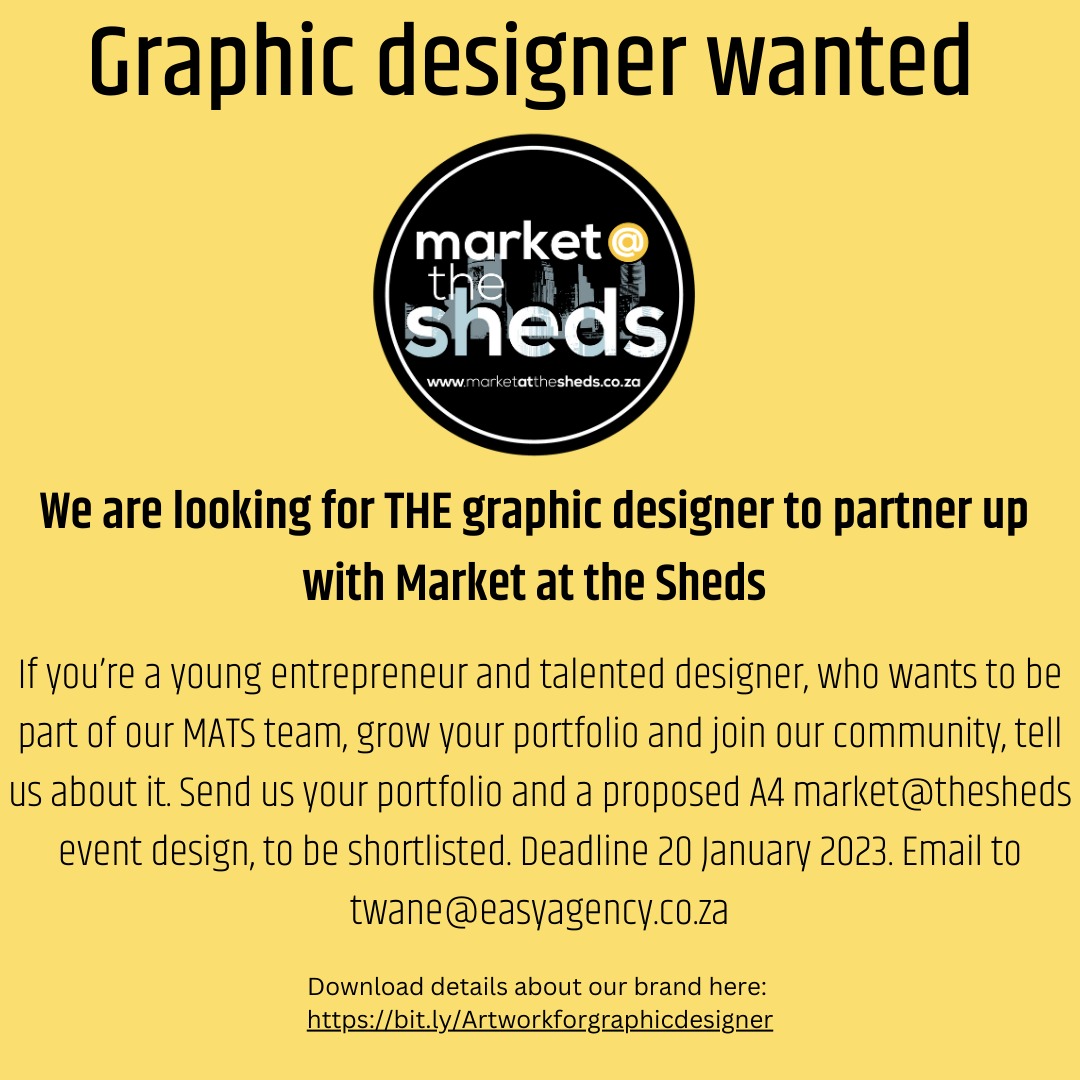 Marketattheshed's tweet photo. [WANTED]: Graphics Designer  

If you think you are the one we are looking for, don’t look back!! 

Email your portfolio and sample work to twane@easyagency.co.za 

Download our brand guidelines here: https://t.co/TV7pYysHgA 

DEADLINE: 20 January 2022 https://t.co/IJDpTMF2xM