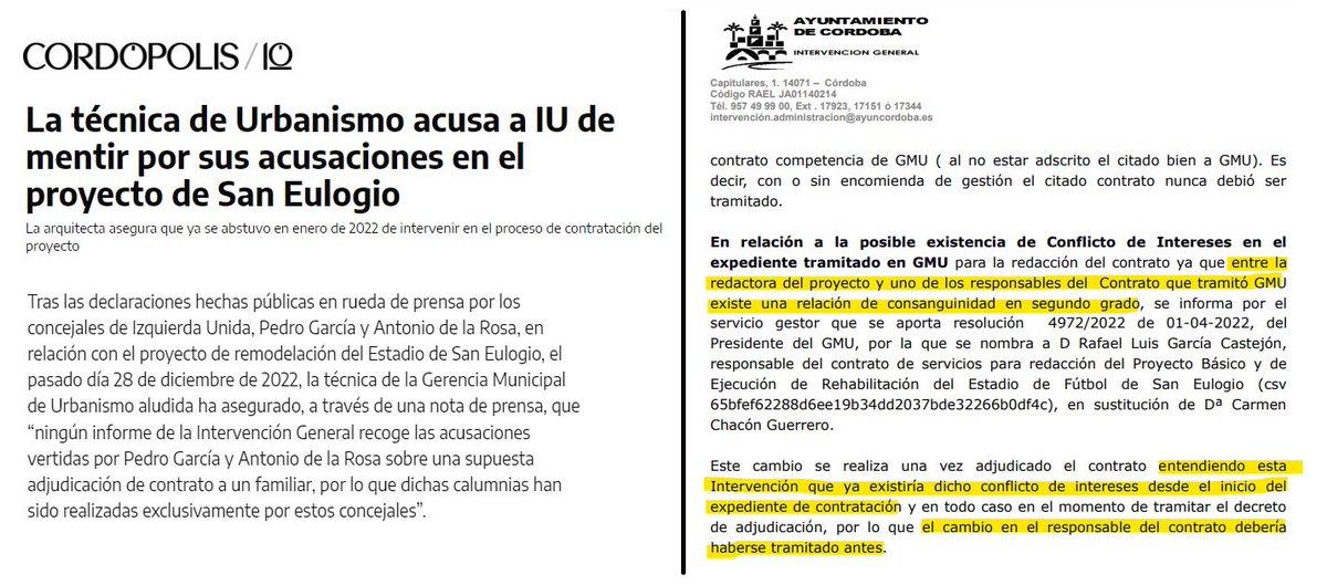 iucordobaciudad's tweet photo. En relación al proyecto de San Eulogio, las declaraciones de @pedro_iu y Antonio de la Rosa se limitaron a reproducir lo que indica el informe de Intervención:

“…entre la redactora del proyecto y uno de los responsables del contrato existe una relación de consanguinidad”👇 https://t.co/2FKijJzxYA