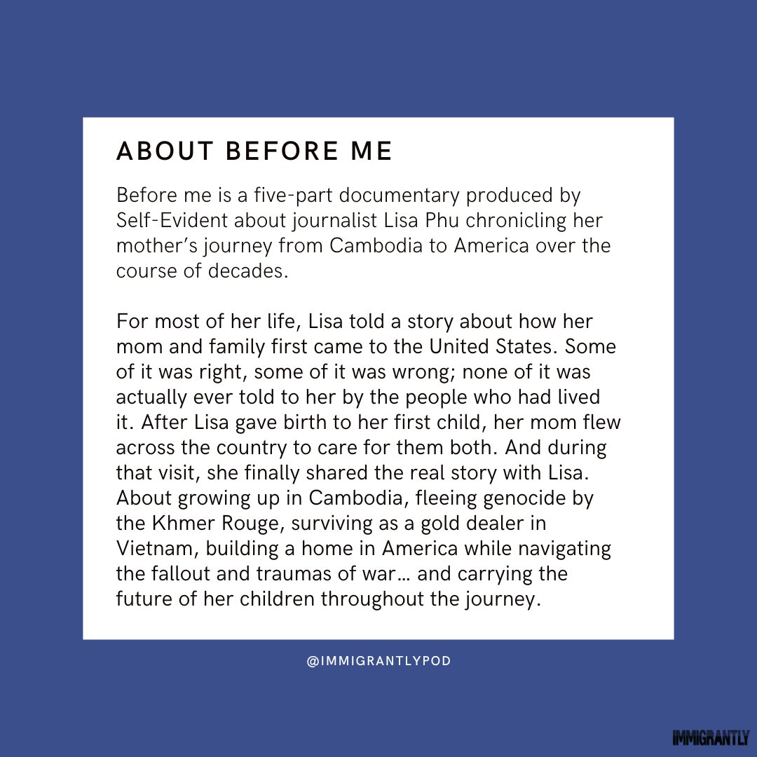 🎧 This week we’re sharing an episode from Before Me, a documentary podcast about one mother’s journey from Cambodia to America!

🎧 Hosted by journalist <a href="/LisaPhuAK/">Lisa Phu</a>, Lisa and her mother talk about her decades long journey and their family’s history. 

🔗
podcasts.apple.com/ca/podcast/spe…