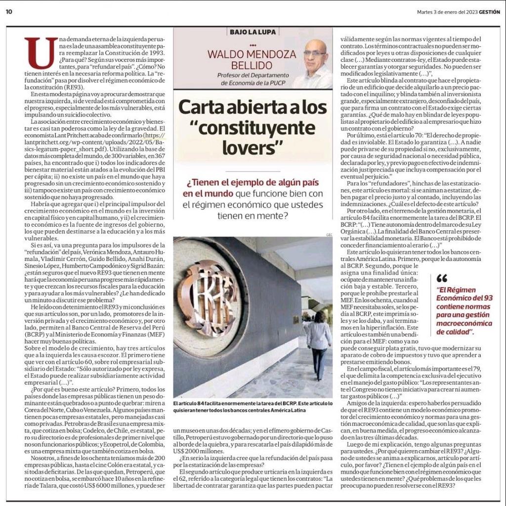 AlbertoArispe's tweet photo. (1/3) Adjunto artículo de Waldo Mendoza sobre fortaleza del capítulo económico de Constitución 93. "la relación directa entre crecimiento económico y bienestar es tan poderosa como ley de la gravedad. No existe país en el mundo que no haya progresado sin crecimiento sostenido." https://t.co/ci9rVoX56Y