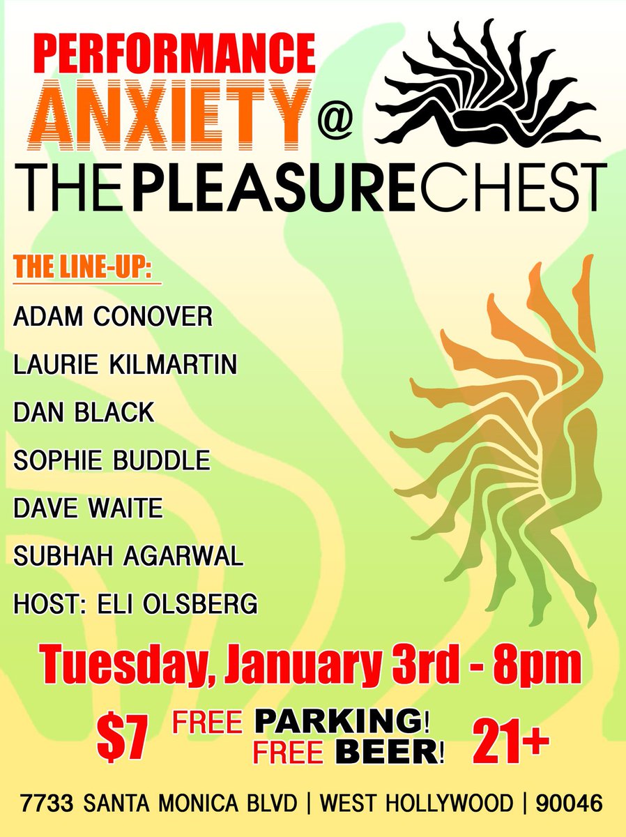 Performance Anxiety (@performanxiety) on Twitter photo TONIGHT!! Come to <a href="/PleasureChestLA/">The Pleasure Chest</a> 8pm and kick off your new year with an incredible lineup: <a href="/adamconover/">Adam Conover</a> <a href="/anylaurie16/">Laurie Kilmartin</a> <a href="/DanBlackAttack/">Dan Black π π</a> @Subhah <a href="/davewaitecomedy/">dave waite</a> <a href="/sophiebuddle/">π€π»sosoπ€π»</a> <a href="/EliOlsberg/">Eli Olsberg</a> free beer, free parking, 15% off any in-store purchases!! Get tix: thepleasurechest.com/performance-anβ¦ TONIGHT!! Come to <a href="/PleasureChestLA/">The Pleasure Chest</a> 8pm and kick off your new year with an incredible lineup: <a href="/adamconover/">Adam Conover</a> <a href="/anylaurie16/">Laurie Kilmartin</a> <a href="/DanBlackAttack/">Dan Black π π</a> @Subhah <a href="/davewaitecomedy/">dave waite</a> <a href="/sophiebuddle/">π€π»sosoπ€π»</a> <a href="/EliOlsberg/">Eli Olsberg</a> free beer, free parking, 15% off any in-store purchases!! Get tix: thepleasurechest.com/performance-anβ¦