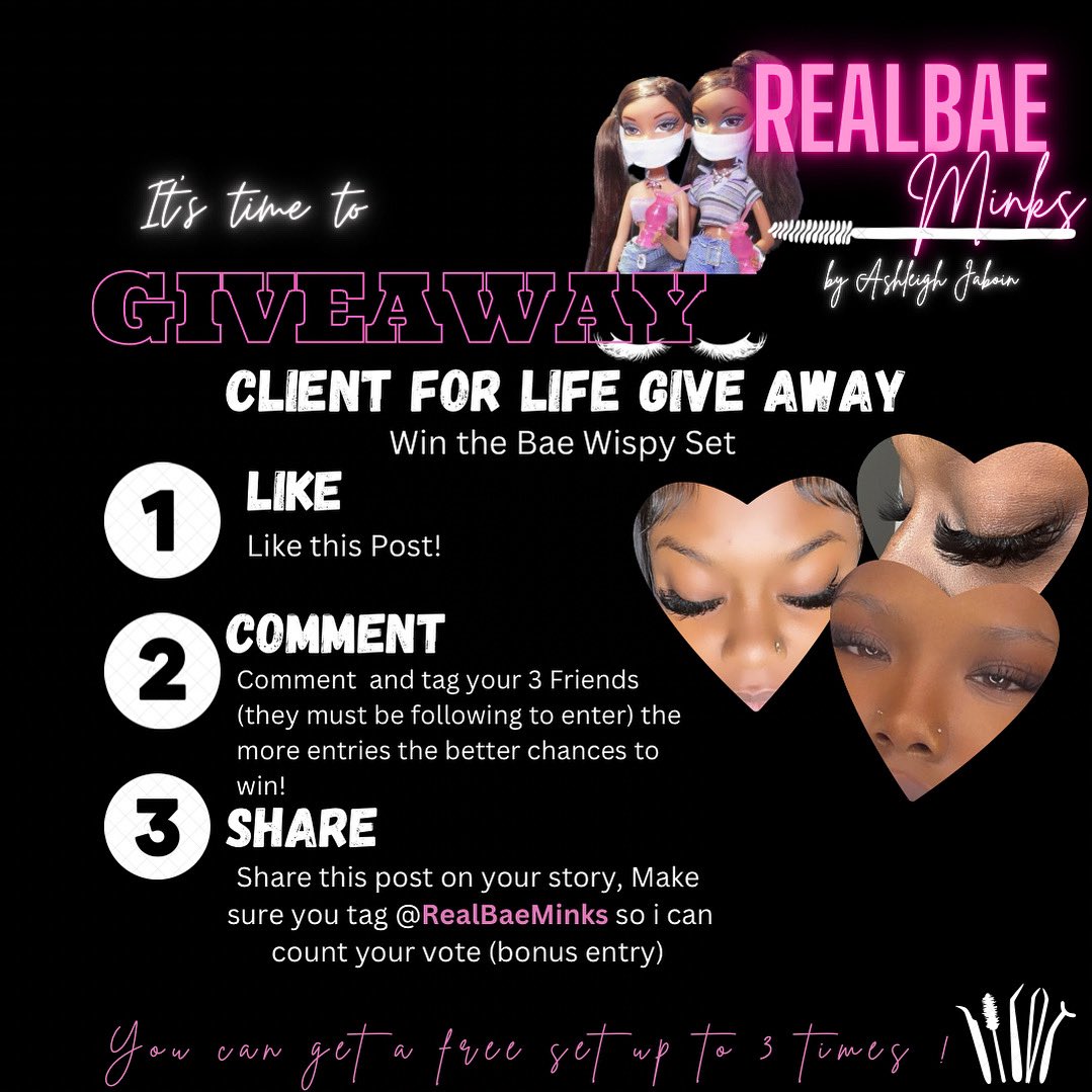 AJaboin's tweet photo. Giveaway Time ๐๐๐ซถ๐ฝ Win a free wispy set up to 3 times this Year! ๐คช Like, Follow @realbaeminks on IG & Share to win โ Winner announced January 9th ๐ #beginnerlashtech #lashgiveaway #giveaways https://t.co/47Ngd2rh8O