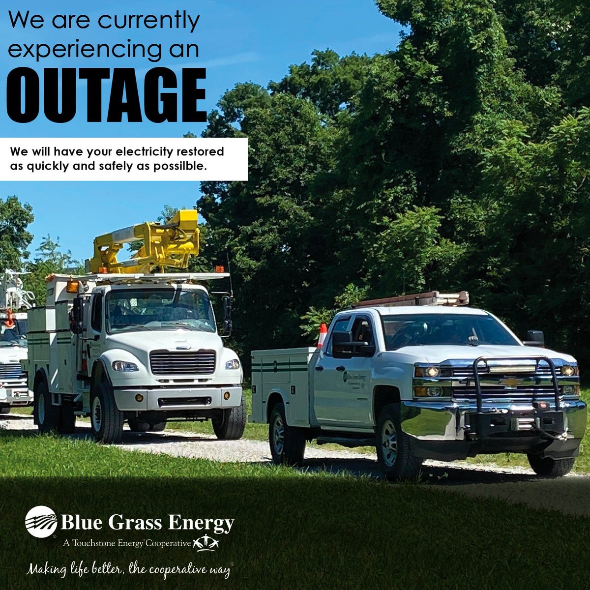 We have an outage in Nicholas Co. caused by the storms. We have to repair several strands of downed wires. Our crews will have power restored as quickly and safely as possible. The current estimated time of restoration (ETOR) is 4:24 p.m. outage.bgenergy.com.