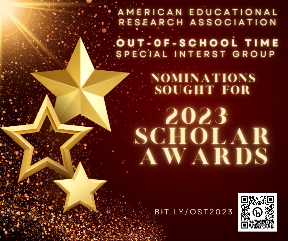 We are seeking nominations for our three OST SIG Awards! All awards will be presented at the 2023 AERA Business Meeting. The deadline is January 22 at 11:59pm PST. bit.ly/OST2023