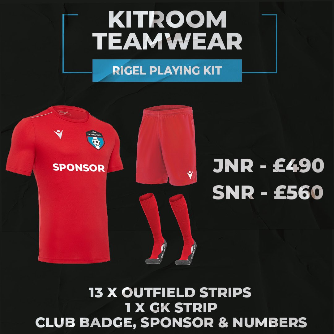 KitRoomNI's tweet photo. Macron Rigel playing kit. 

13 outfield jerseys, a goalkeeper jersey, 14 shorts, and 14 socks. 

The kit also includes the club badge, sponsor logo, and player numbers. 

Youth size kit is priced at £490 &amp; the adult size kit is priced at £560. 

Gear up for greatness! https://t.co/7IkFl0sxMo