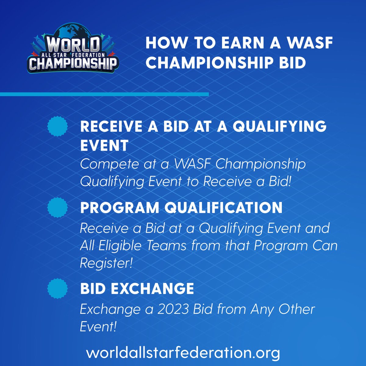 Attending the 2023 #WorldAllstarFederation Championship, April 27-28, 2023, in Kissimmee, FL? 💙

There are three different ways to obtain bids:
✔️ Receive a Bid at a Qualifying Event
✔️ Program Qualification
✔️ Bid Exchange

Learn more at: worldallstarfederation.org/2023-champions…