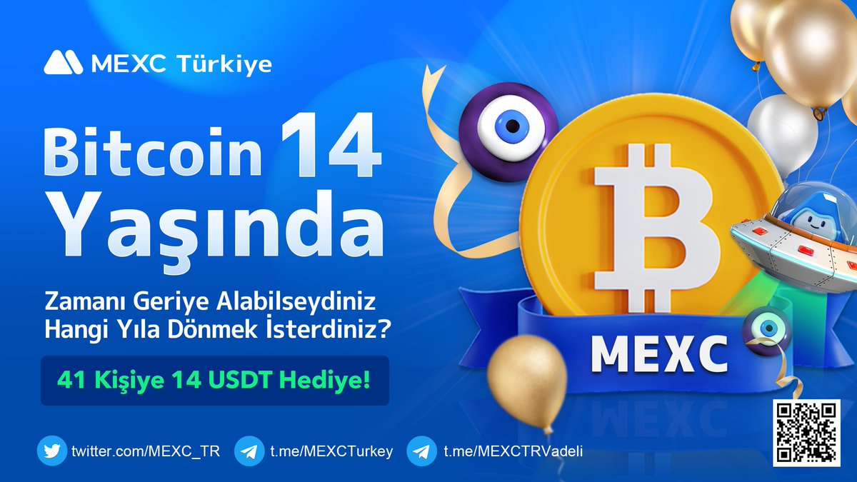 🧿#MEXCTürkiyeden #Bitcoin'in 14. Yılına Özel "41 Kere Maşallah" Etkinliği 

💰Toplamda 41 Kişiye 14 #USDT Hediye! 

⏳Zamanı geriye alabilseydiniz, Bitcoin'in çıkışından sonraki hangi yıla dönmek isterdiniz?

➡️Ayrıntılar: bit.ly/3IkSfS1

#BTC #Bitcoin14 #Bitcoin14Years