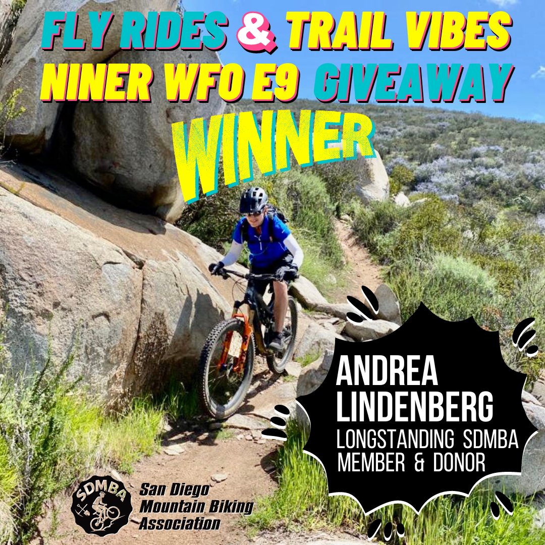 sdmba's tweet photo. ⚡ Fly Rides & Trail Vibes eMTB Giveaway 🎁
Winner: Andrea Lindenberg 🚵
The response from the community is overwhelming and we could not be more stoked going into 2023 with this much momentum! 🙌
@flyridesusa @ninerbikes 🙏
#FlyRidesAndTrailVibes #SDMBA #FlyRidesUSA https://t.co/DaFHKEteRV