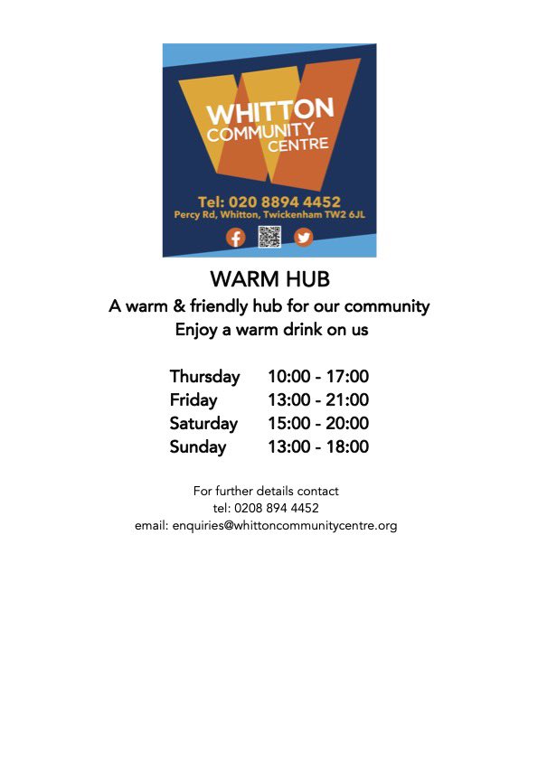 Join us at Whitton Community Centre Warm Hub starting this Thursday (5 January) - Friday, Saturday, and Sunday too.