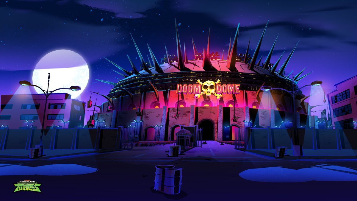 Here's another 🧵 of background art I painted (Design by Derek Kosol) from  #RiseoftheTMNT Episode: Turtle-dega Nights: The Ballad of Rat Man! Below is  the establishing shot of the Doom Dome, a, image size:1200x675