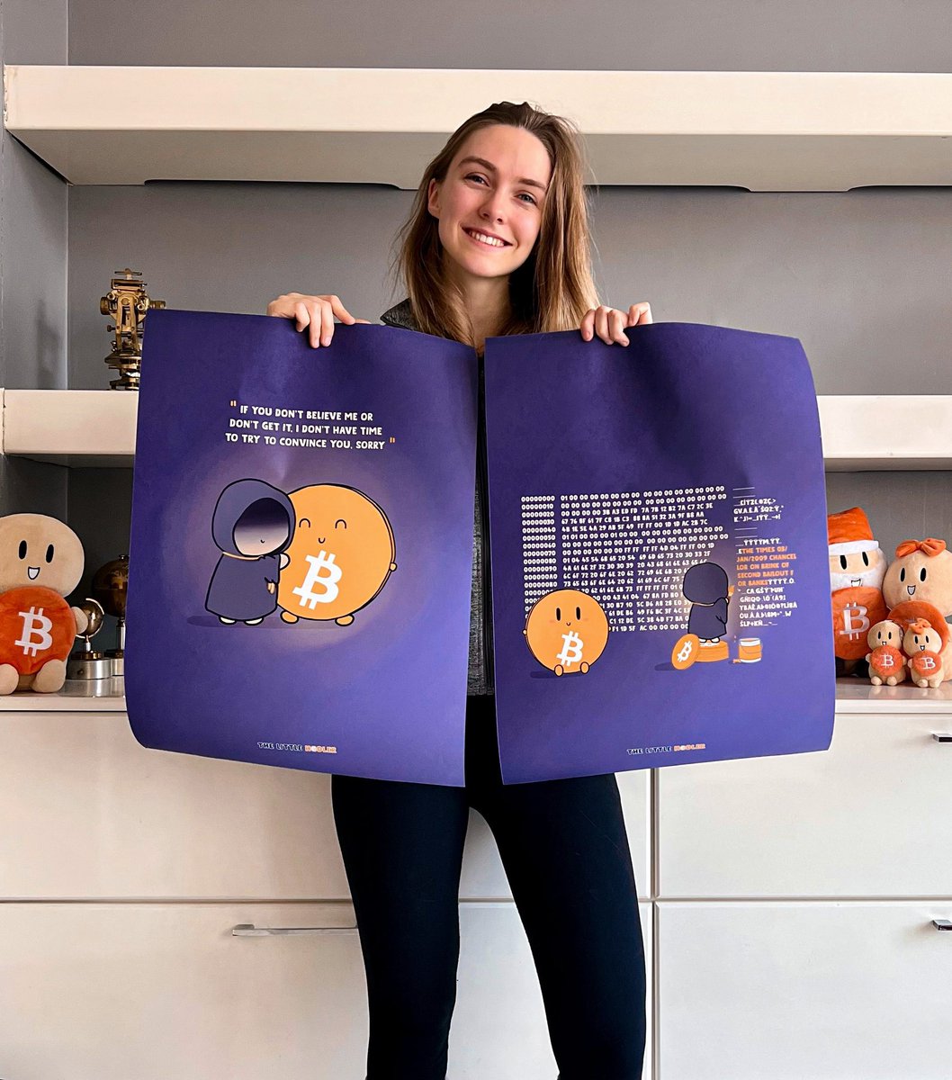 LinaSeiche's tweet image. Happy 14th birthday, #Bitcoin 🧡

Because you guys loved Little Satoshi, I’ve created 3 posters to celebrate Genesis Block Day. There are 7 posters available per design that I will sign to your name 🧡

(I could only hold up 2 at once, but there’s 3)

🥰 thelittlehodler.com/product/happy-…