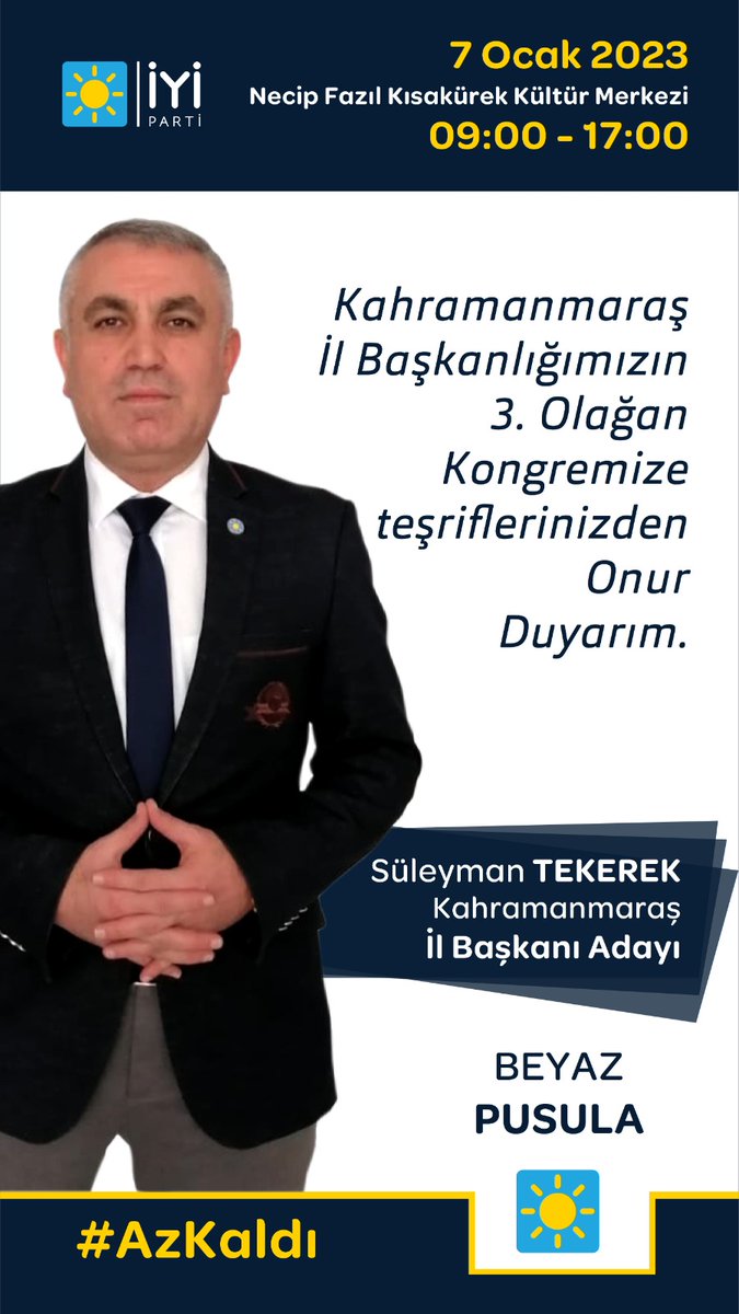 7 ocak cumartesi günü Necip fazıl kısakürek kültür merkezinde yapılacak olan İyi parti K. Maraş kongresinde rengimiz  BEYAZ liste. Süleyman TEKEREK başkanlığında 
#Teşkilatkazanacak