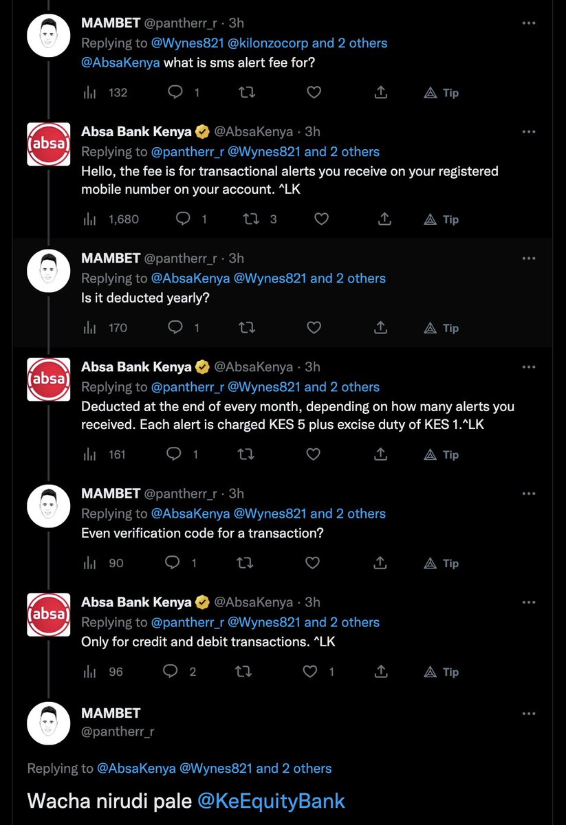 MwangoCapital's tweet photo. .@pantherr_r finds out about the cost of SMS alerts at Absa bank: https://t.co/yCfkkoqsYr