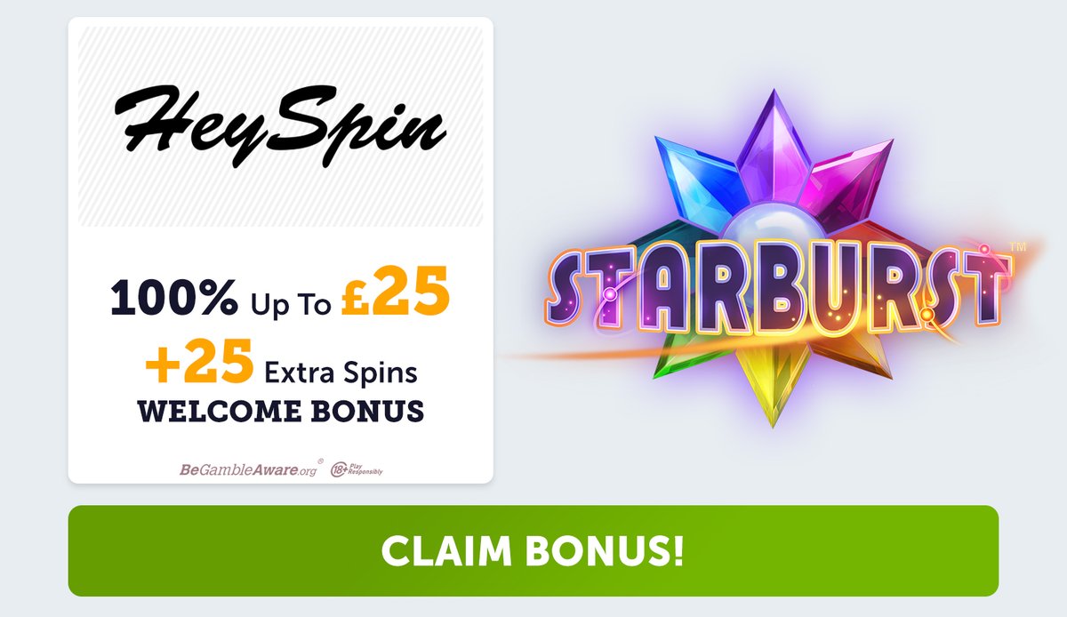 Join HeySpin Casino and take advantage of their Welcome Bonus! &#127965;️ Create an account and you’ll get a 100% up to &#163;25 + 25 Bonus Spins 1st Deposit Bonus! Enjoy this promotion on one of the most popular slots, Starburst! &#127775;