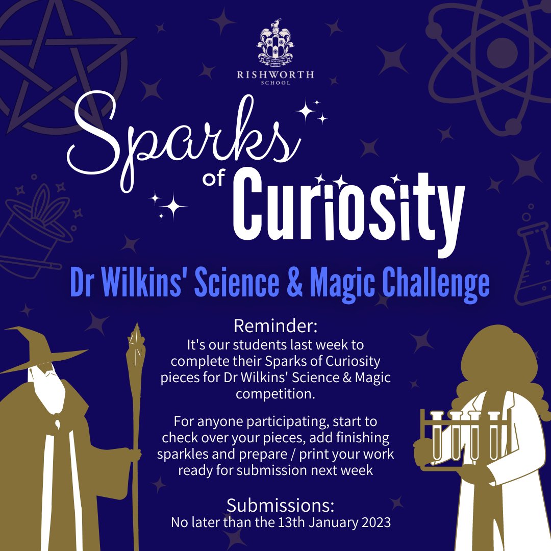 Rishworth1724's tweet photo. Sparks of Curiosity ✨
Students have one week left before the submission deadline to create an amazing piece of work on the theme of Magic and/or Science. Dr Wilkins' is very excited to see everyones amazing work. Good luck! #sparksofcuriosity #magicscience #rishworthschool https://t.co/yk9JP61udQ