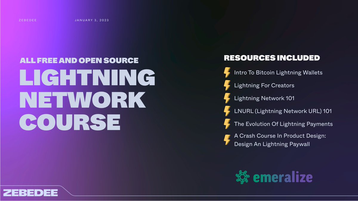 zbdpay's tweet photo. Excited to announce that The Lightning Network course by ZEBEDEE will be available for FREE on Emeralize 🚨

Kickstart the year learning and deepening your knowledge with the one and only @5antoshernandez 🔥

▶️ Check out @emeralizeapp and get rewarded for learning 🎓⚡ https://t.co/13AWXRaDuM