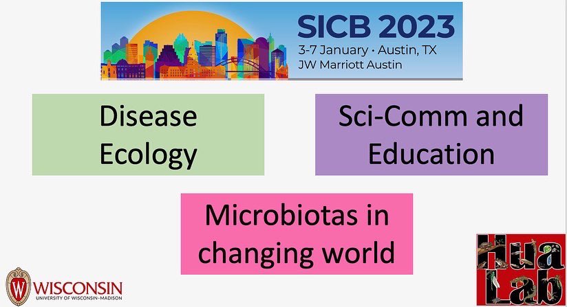 Jhua13's tweet photo. Excited for our first time at SICB! #sicb2023! If you have interest in disease ecology, SciCom/education, or microbiotas- we’d love to have you at some of our talks (especially the posters and talks by the amazing undergrad and grad students!) https://t.co/PSnwMbJCxl